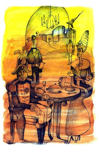 L'image représente un roi et sa reine à table, avec leur garde armé d'un fusil. Le serveur se tient à l'arrière du roi et attend pour les servir.