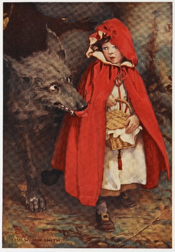 L'image représente une petite fille habillée d'une cape rouge et son petit panier à la main accompagnée du loup noir.