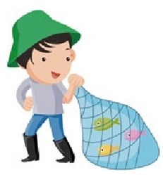 L'image représente un petit garçon avec un chapeau vert et de grosses bottes noires transportant son sac de voyage transparent remplie de poissons.