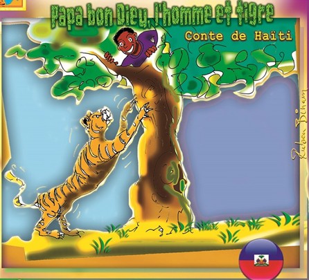 L'image représente un petit garçon sur un arbre et un tigre qui essaye de l'attraper en grimpant